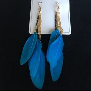 Blue Feather Long Drop Dangle Fashion Jewelry Earrings
